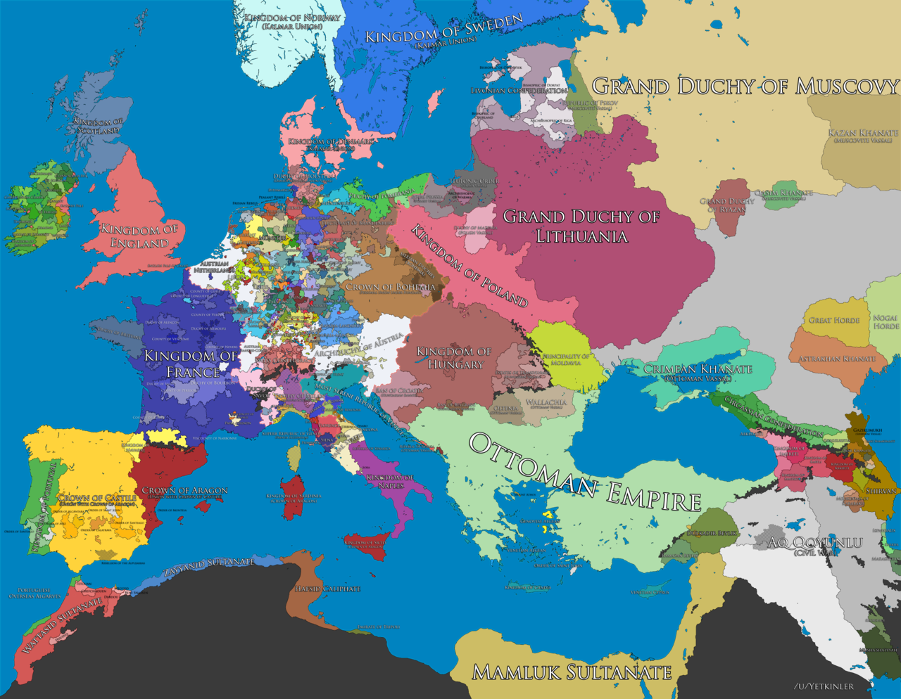 Political map of Europe in the late fifteenth century showing major kingdoms and regional divisions