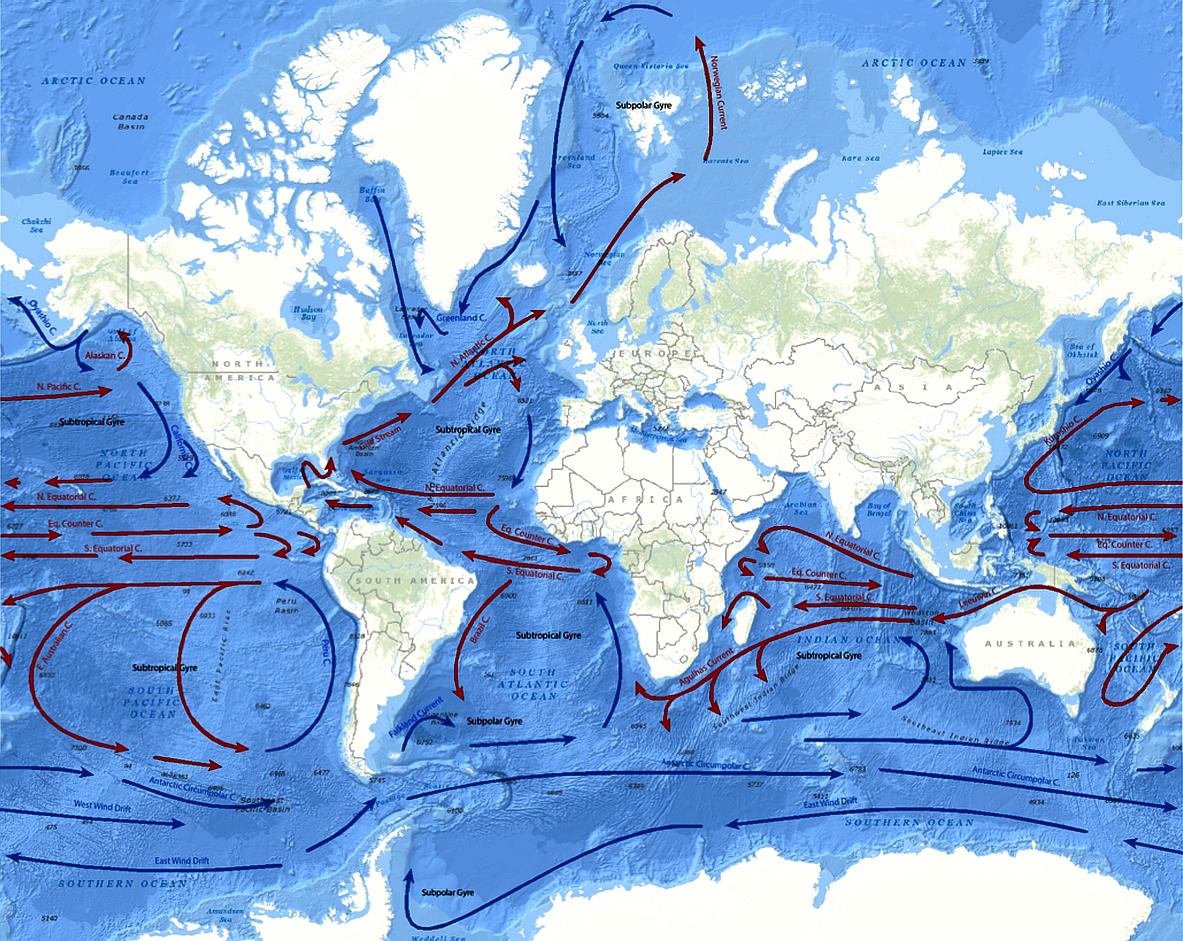 Map of Atlantic wind patterns, ocean currents, or sailing routes used by early explorers